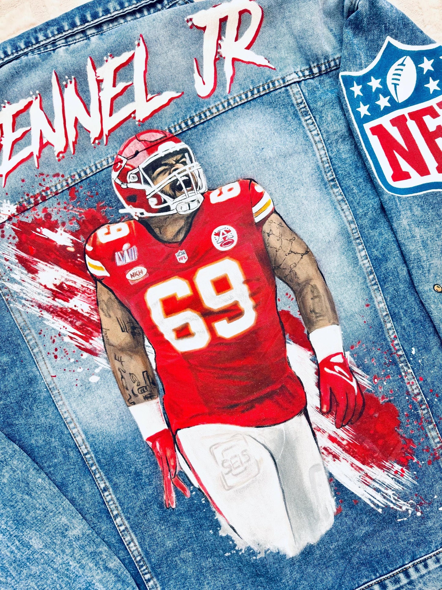 Custom Portrait Denim Jacket β Hand-Painted Artwork on Jacket, Unique Gift for Sports Fans, NFL Inspired Streetwear for Him or Her