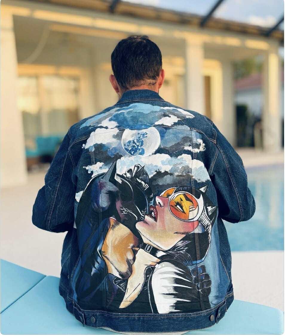Birthday Gift for Him β Custom Batman & Catwoman Denim Jacket | Hand-Painted Oversized Pop Art Clothing, Unique Fan Gift