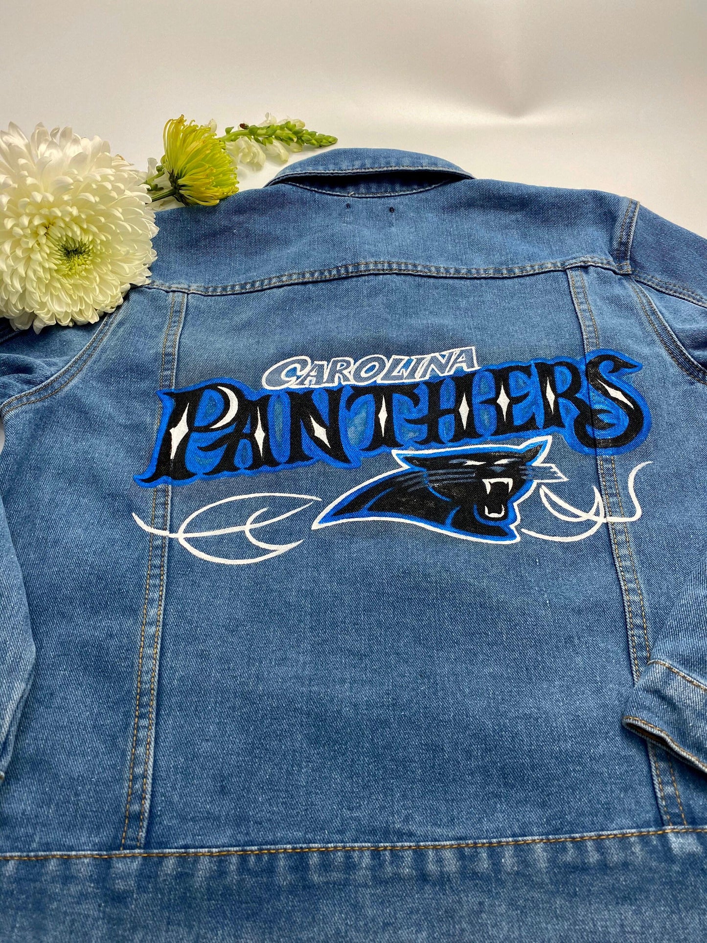 Game Day Outfit β Carolina Panthers Fan Jacket | Hand-Painted Oversized Denim, Unique NFL Sports Birthday Gift