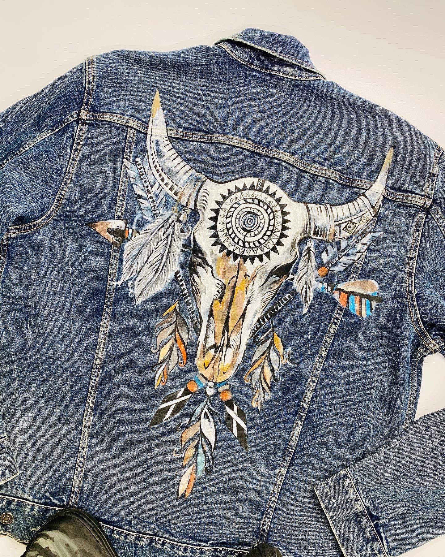Hand-Painted Bull Skull Denim Jacket | Boho Western Art Clothing