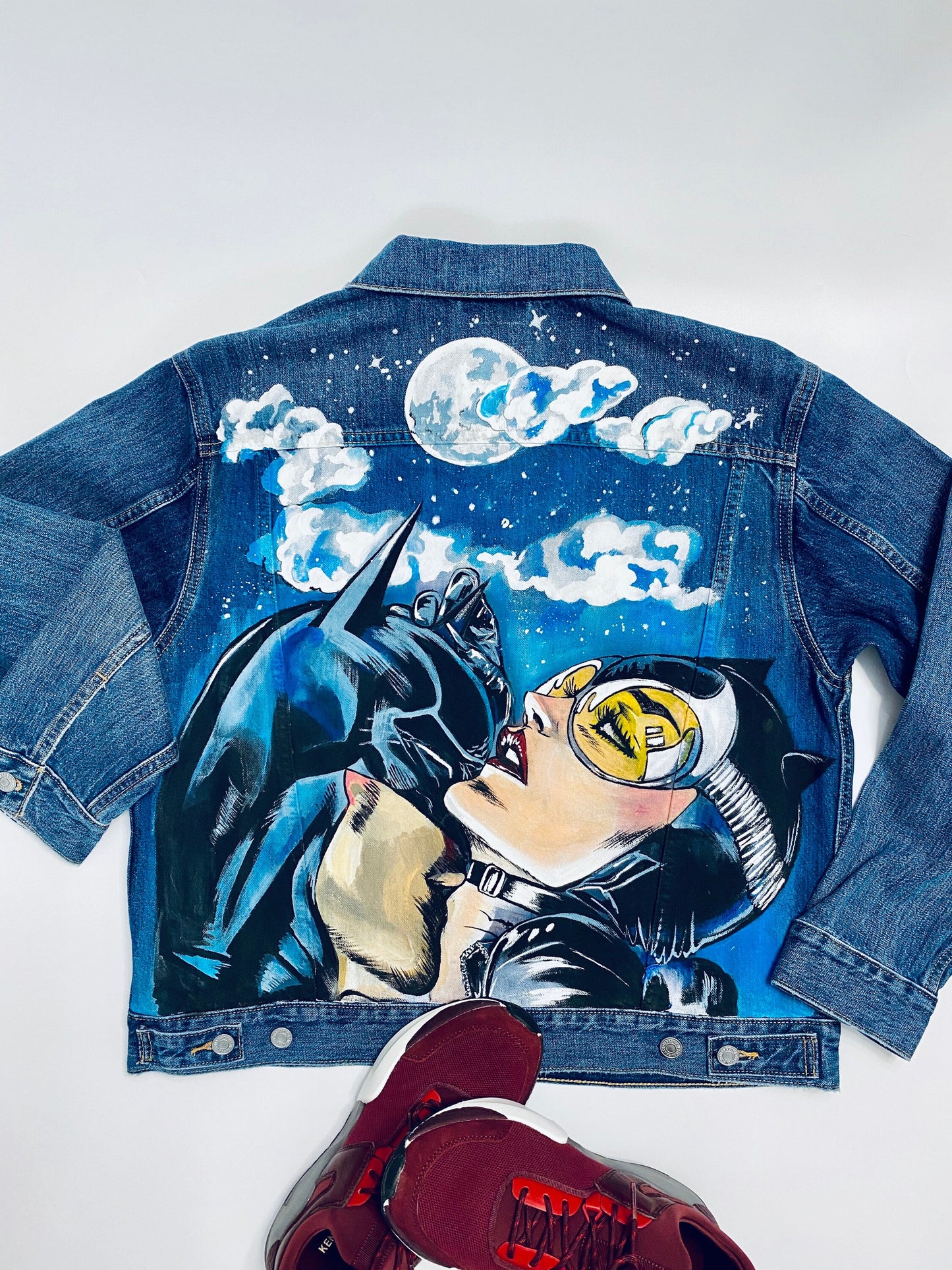 Birthday Gift for Him – Custom Batman & Catwoman Denim Jacket | Hand-Painted Oversized Pop Art Clothing, Unique Fan Gift