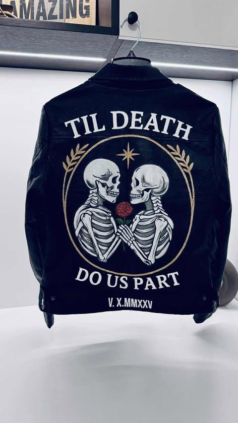 Hand-Painted Vegan Leather Jacket – Gothic Skeleton Couple, Anniversary Gift