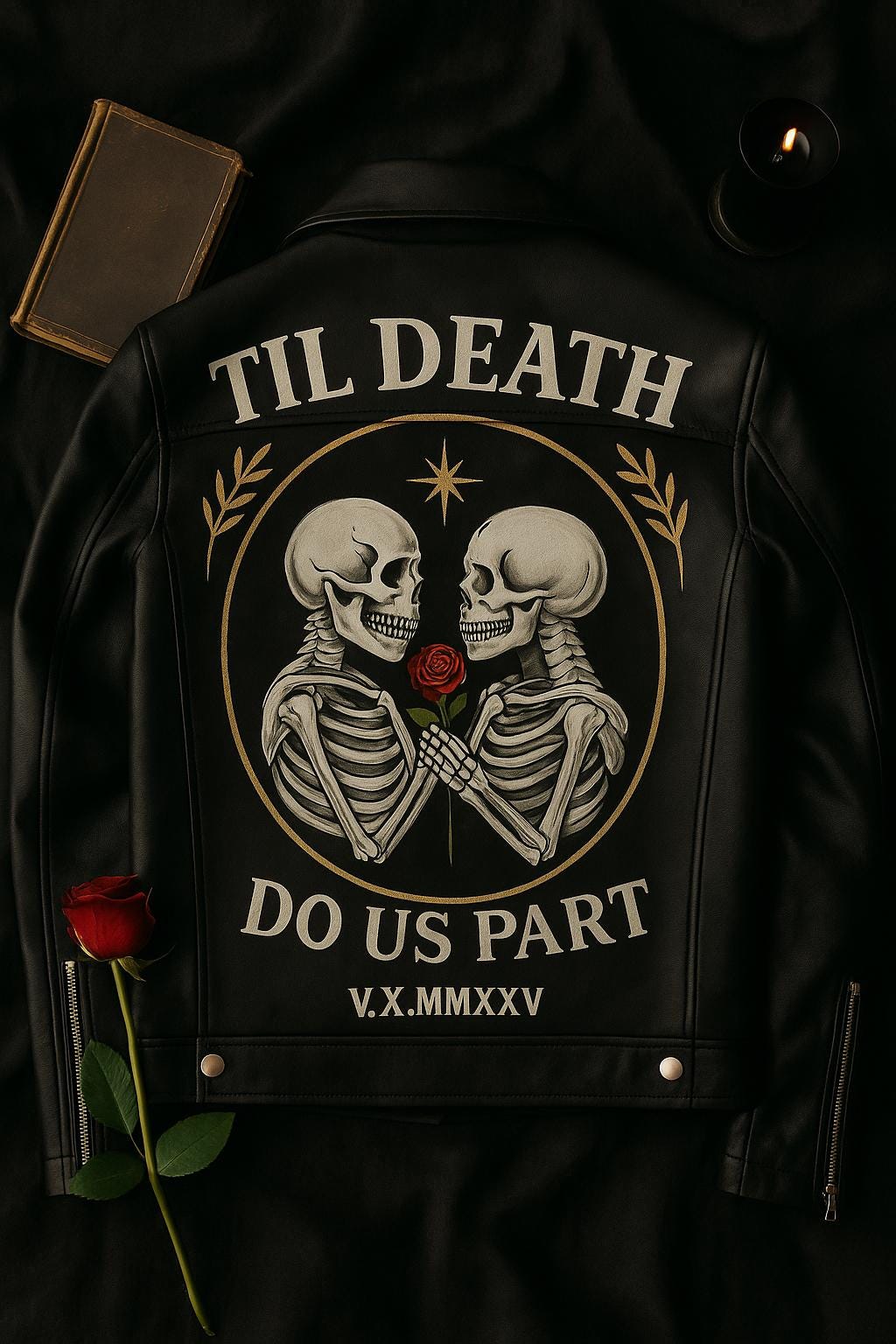 Hand-Painted Vegan Leather Jacket – Gothic Skeleton Couple, Anniversary Gift