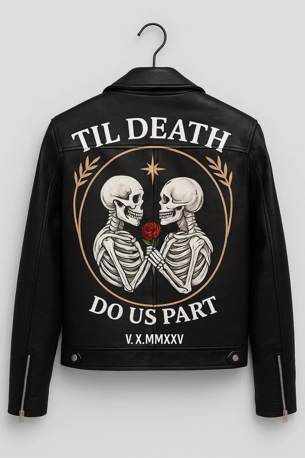 Hand-Painted Vegan Leather Jacket – Gothic Skeleton Couple, Anniversary Gift