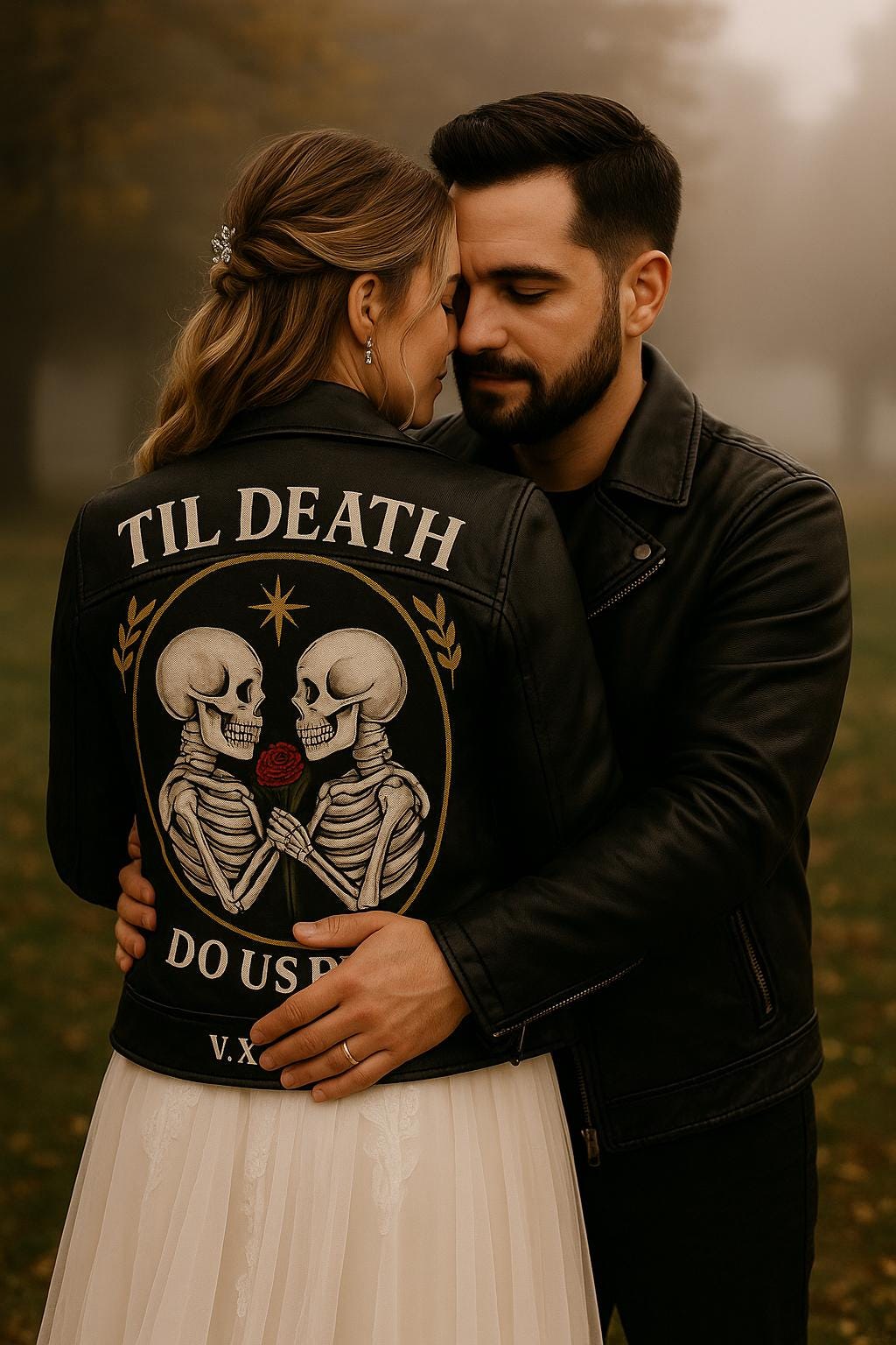 Hand-Painted Vegan Leather Jacket – Gothic Skeleton Couple, Anniversary Gift