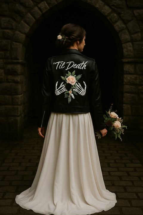 Wedding Gift – Hand-Painted Leather Jacket “Til Death” | Gothic Bride Outfit, Punk Rock Anniversary, Alternative Couple Gift