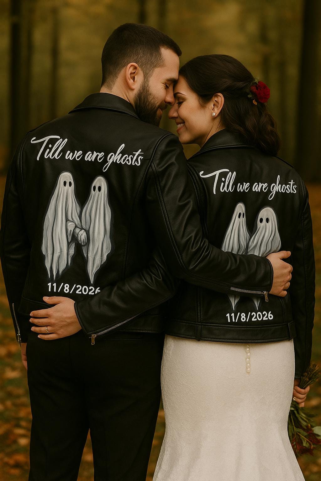 Hand-Painted Vegan Leather Couple Jacket, Gothic Ghost Wedding Gift