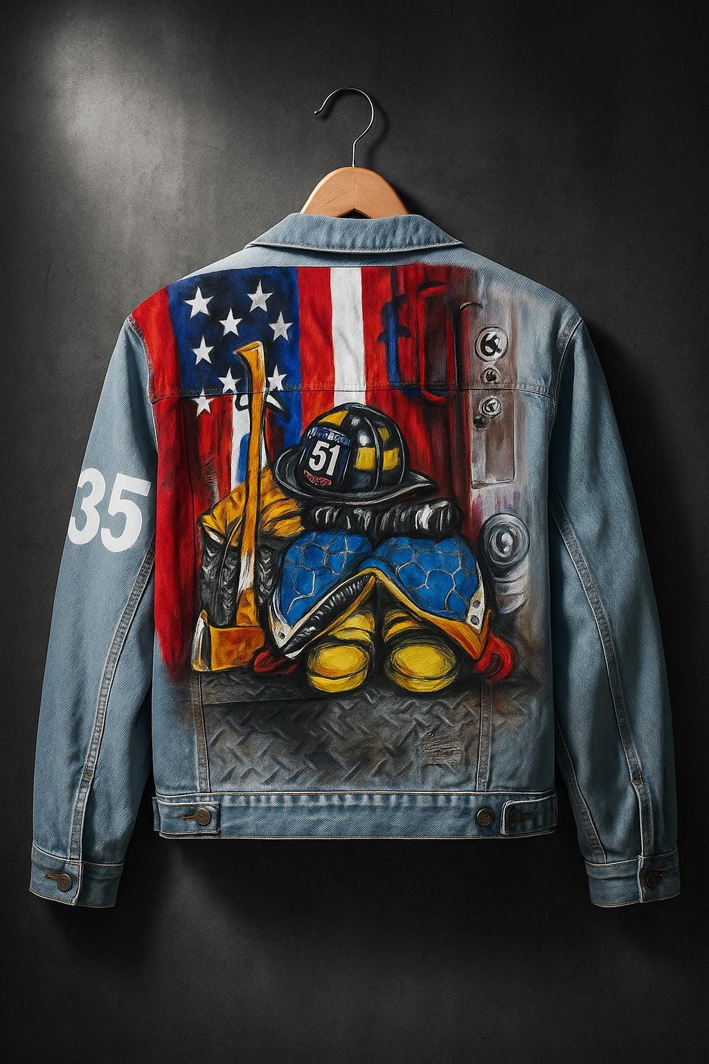 Hand-Painted Firefighter Denim Jacket – American Flag Hero Tribute