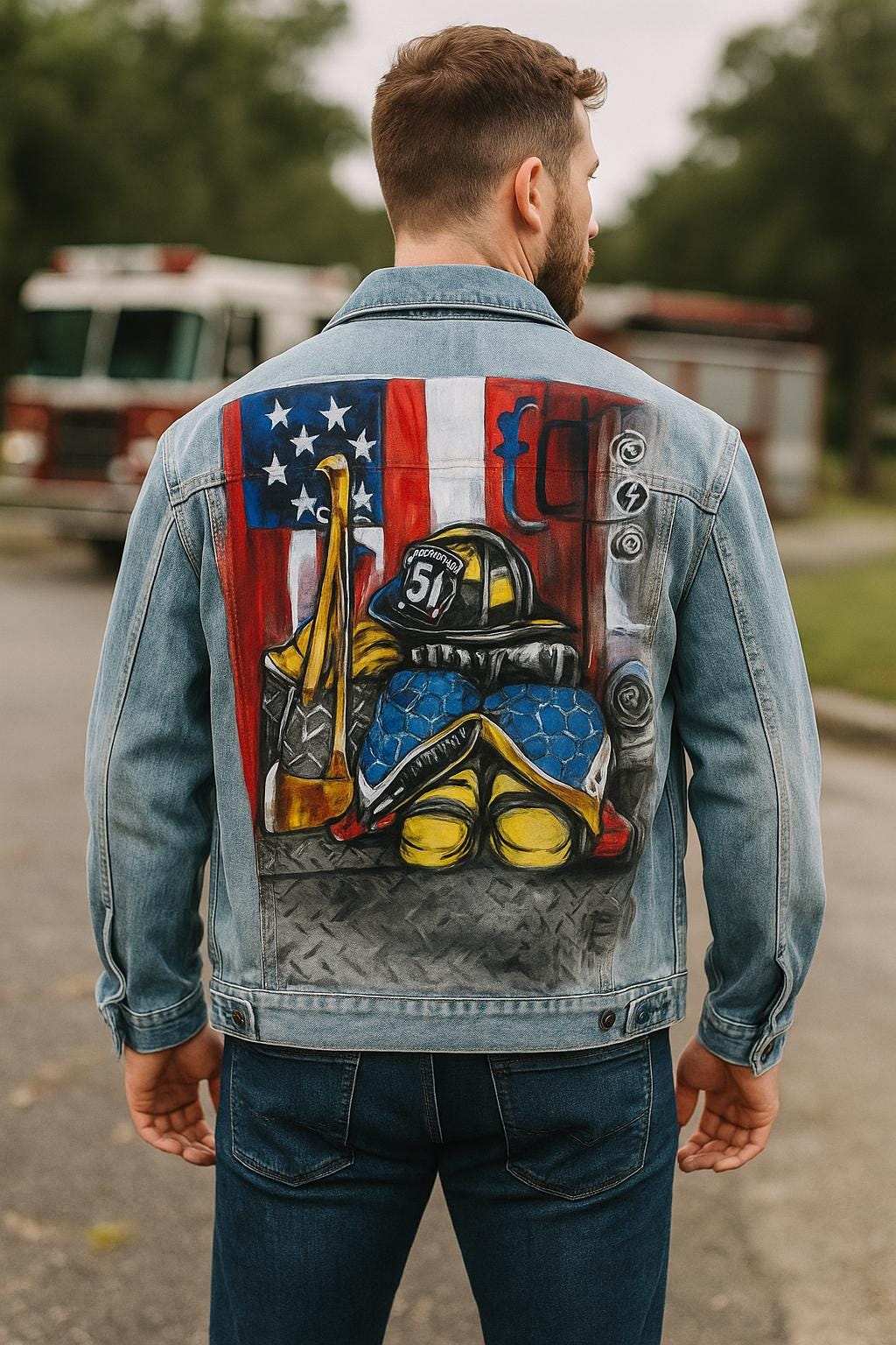 Hand-Painted Firefighter Denim Jacket – American Flag Hero Tribute