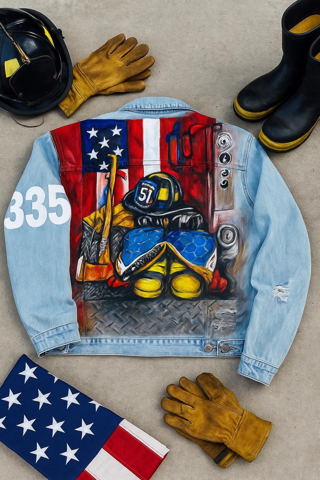 Hand-Painted Firefighter Denim Jacket – American Flag Hero Tribute