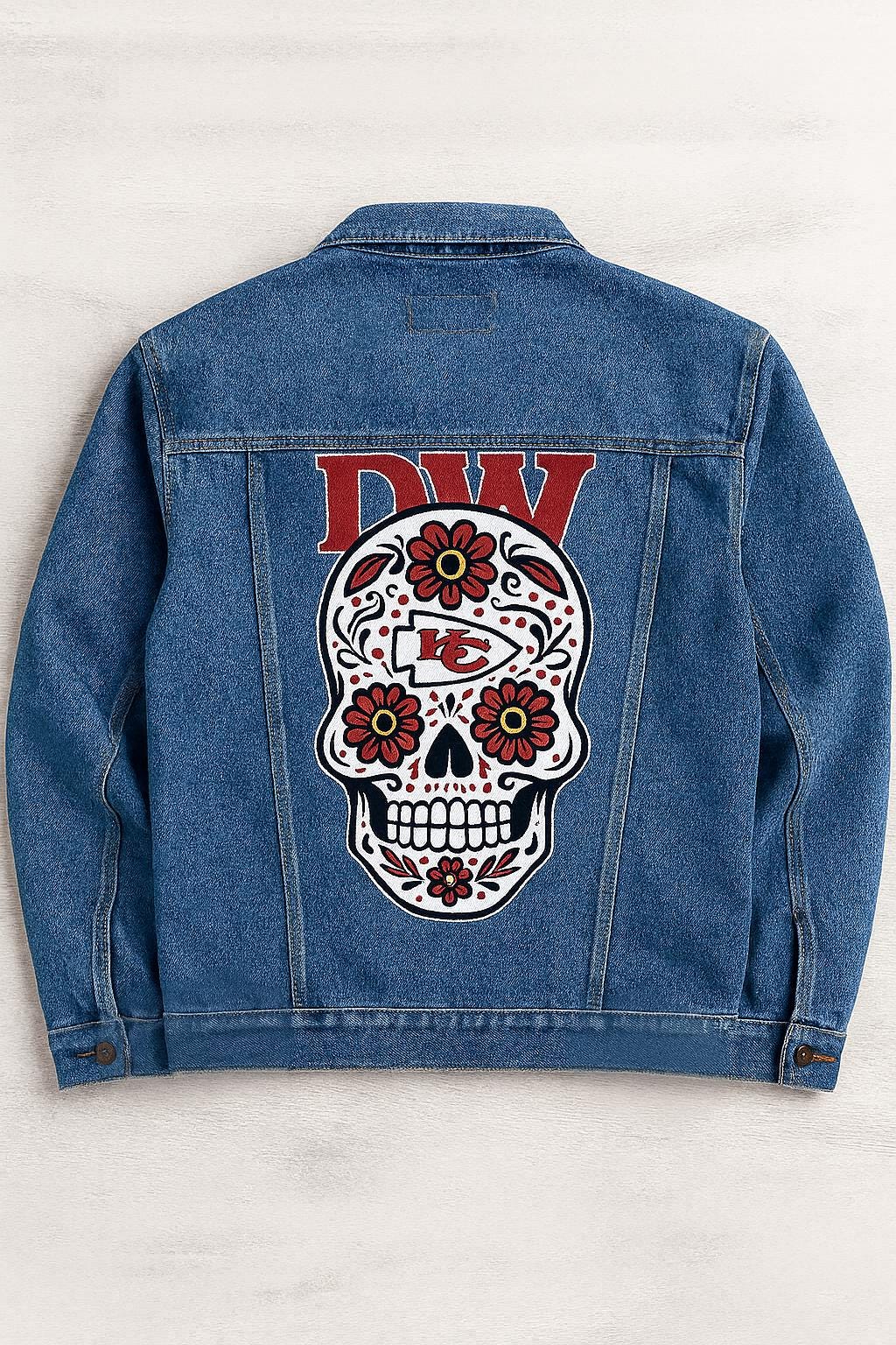 Birthday Gift for Men – KC Chiefs Skull Denim Jacket | Sport Fan Game Day Outfit, Custom Hand-Painted Gift , Sport Fan Birthday Gift