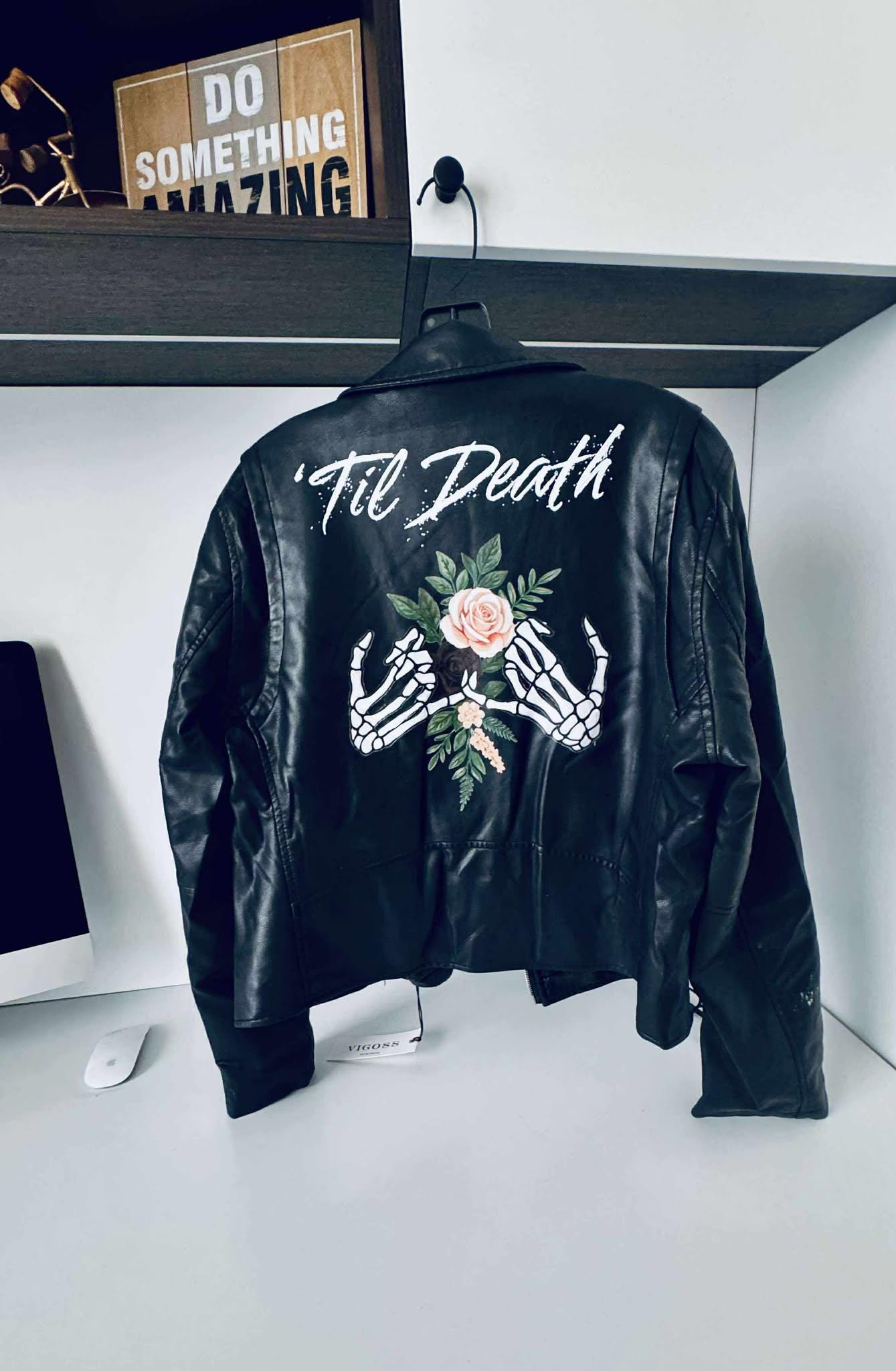 Wedding Gift – Hand-Painted Leather Jacket “Til Death” | Gothic Bride Outfit, Punk Rock Anniversary, Alternative Couple Gift