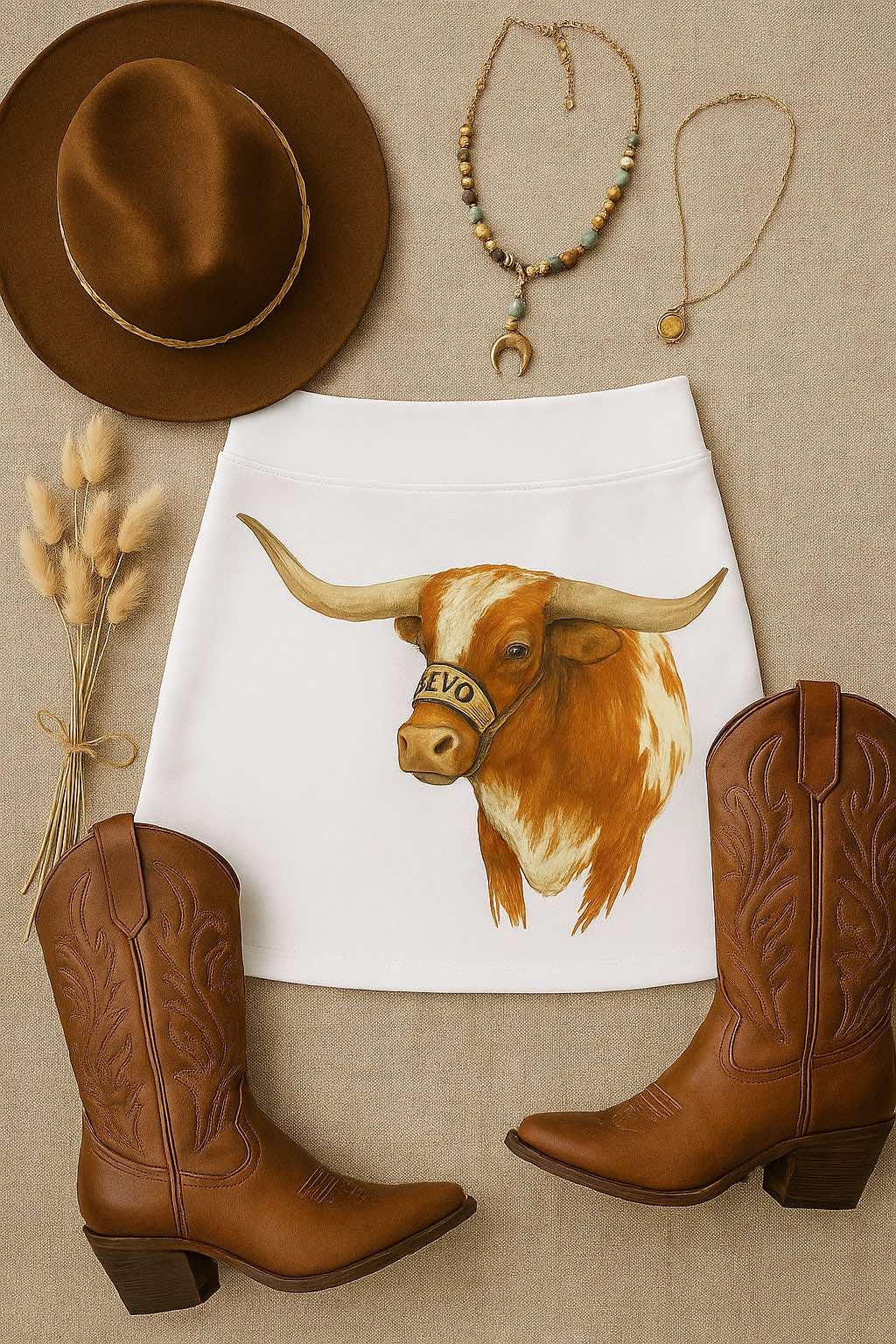 Hand-Painted Longhorn Skirt | Custom Western Rodeo, Boho Festival