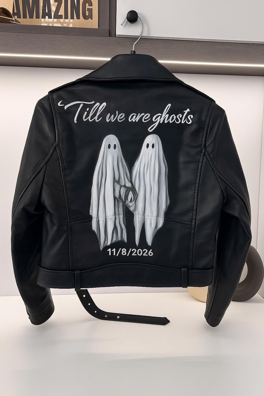 Hand-Painted Vegan Leather Couple Jacket, Gothic Ghost Wedding Gift