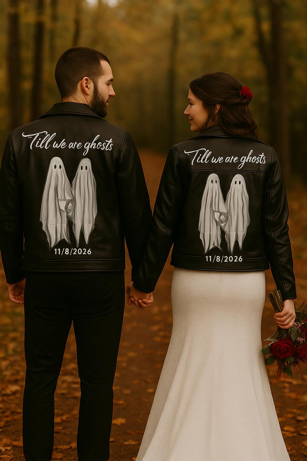 Hand-Painted Vegan Leather Couple Jacket, Gothic Ghost Wedding Gift