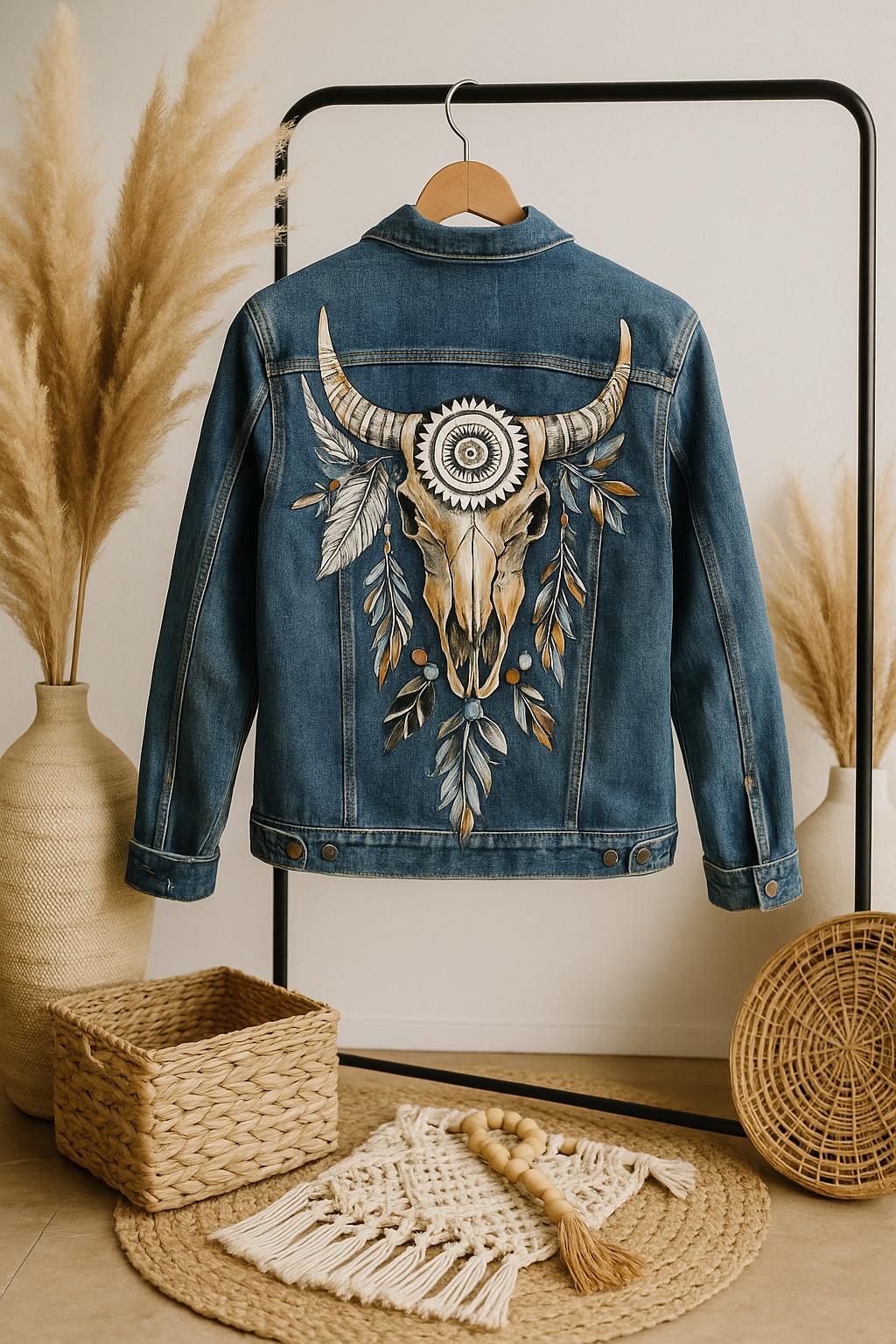 Hand-Painted Bull Skull Denim Jacket | Boho Western Art Clothing