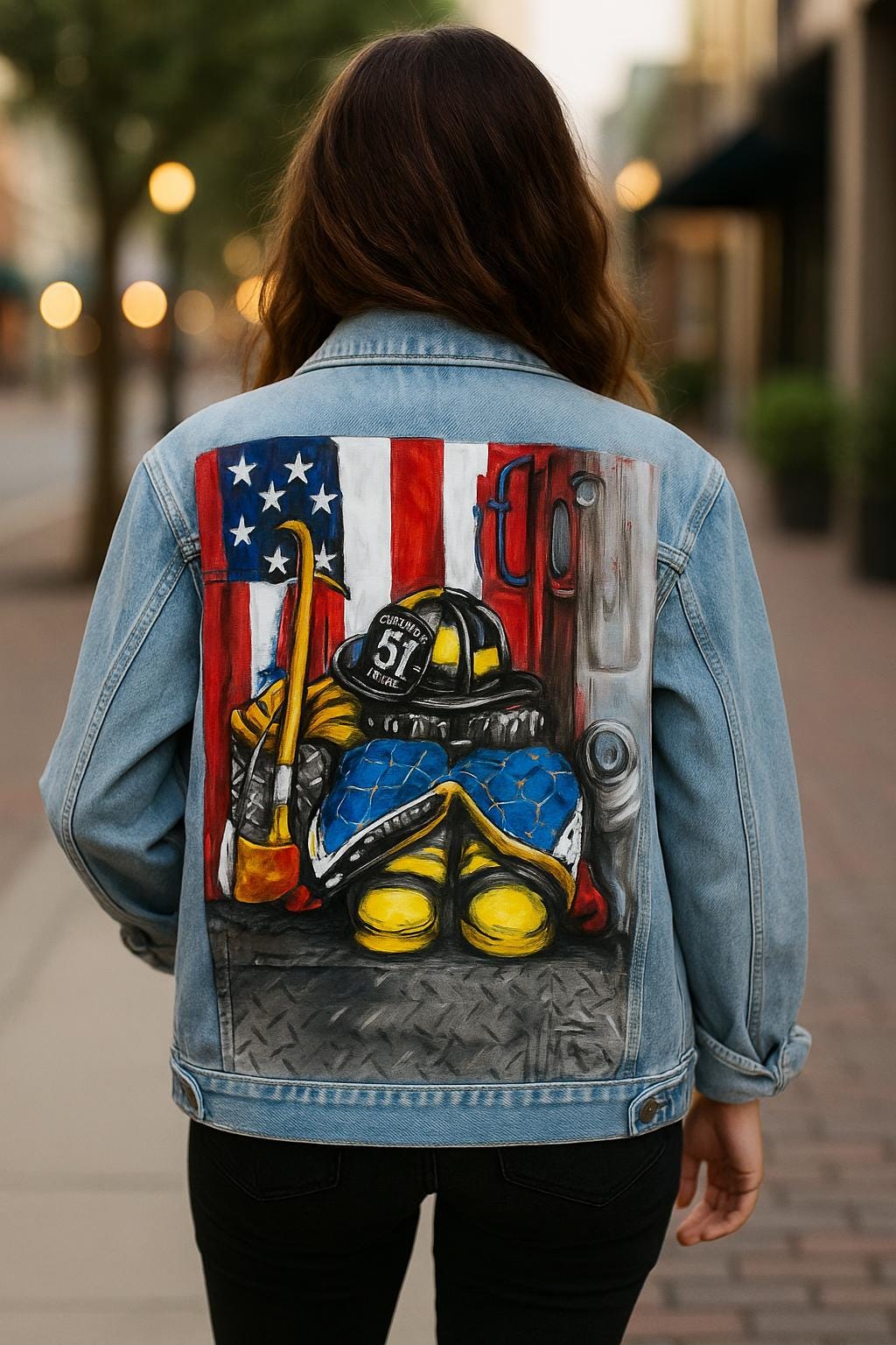 Hand-Painted Firefighter Denim Jacket – American Flag Hero Tribute