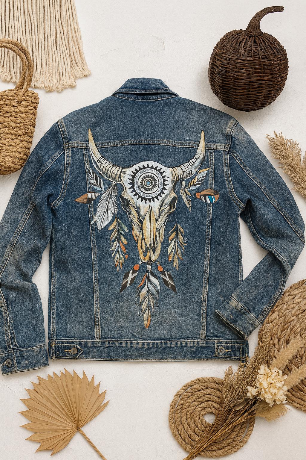 Hand-Painted Bull Skull Denim Jacket | Boho Western Art Clothing