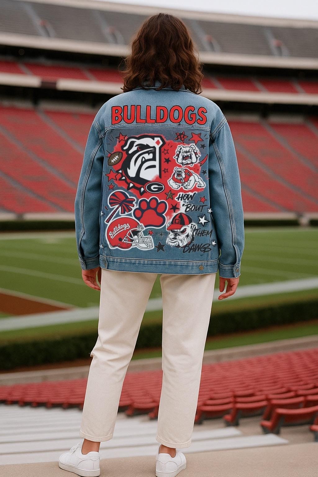 Game Day Fan Gift – Custom Bulldogs Hand-Painted Denim Jacket | Personalized Oversized Team Spirit Jacket| Best Christmas gift