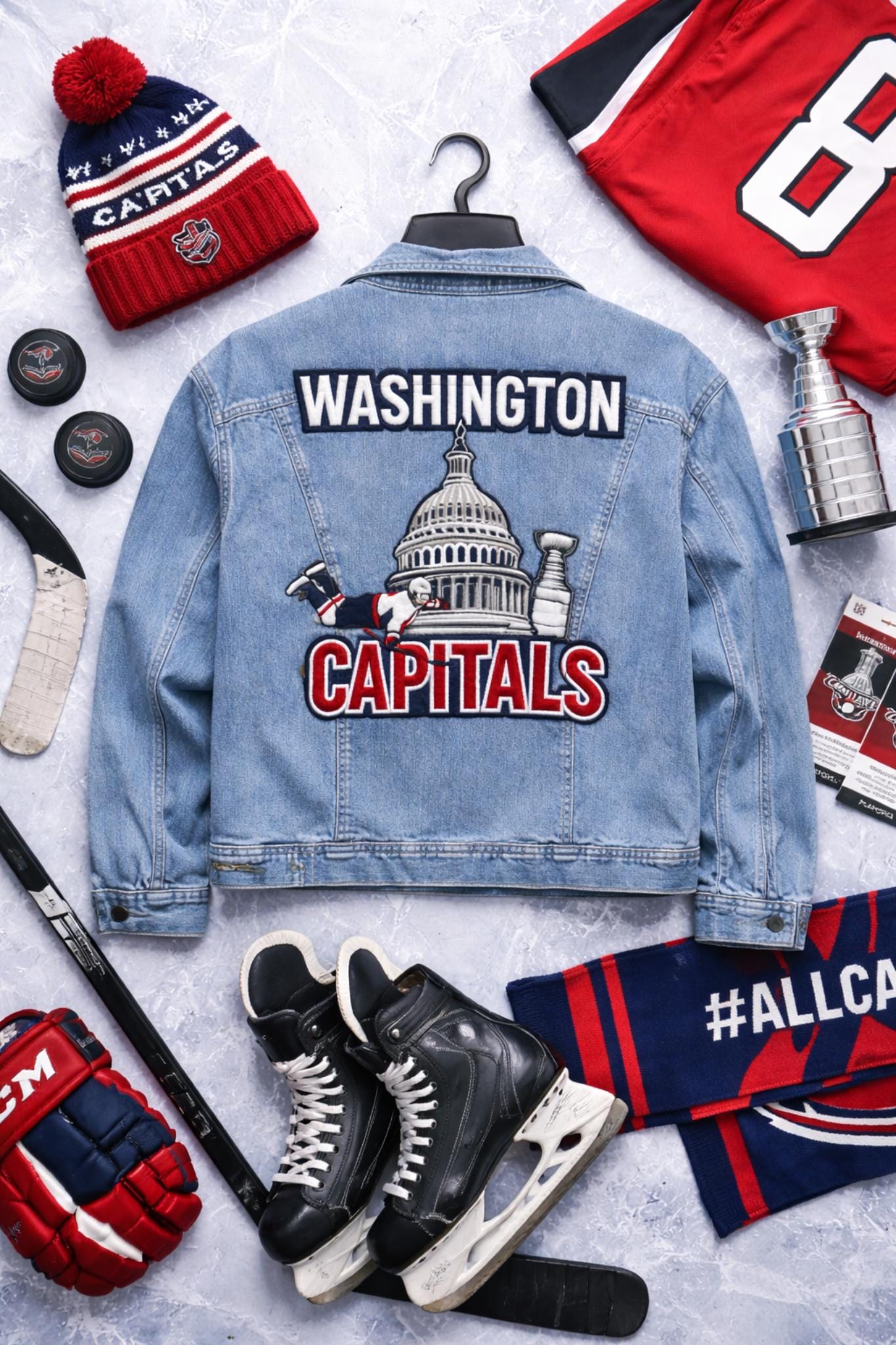 Valentine’s Day Matching Couple Jackets – Washington Hockey Denim Jackets | Hand-Painted Custom Fan Jackets | Unique Couples Gift