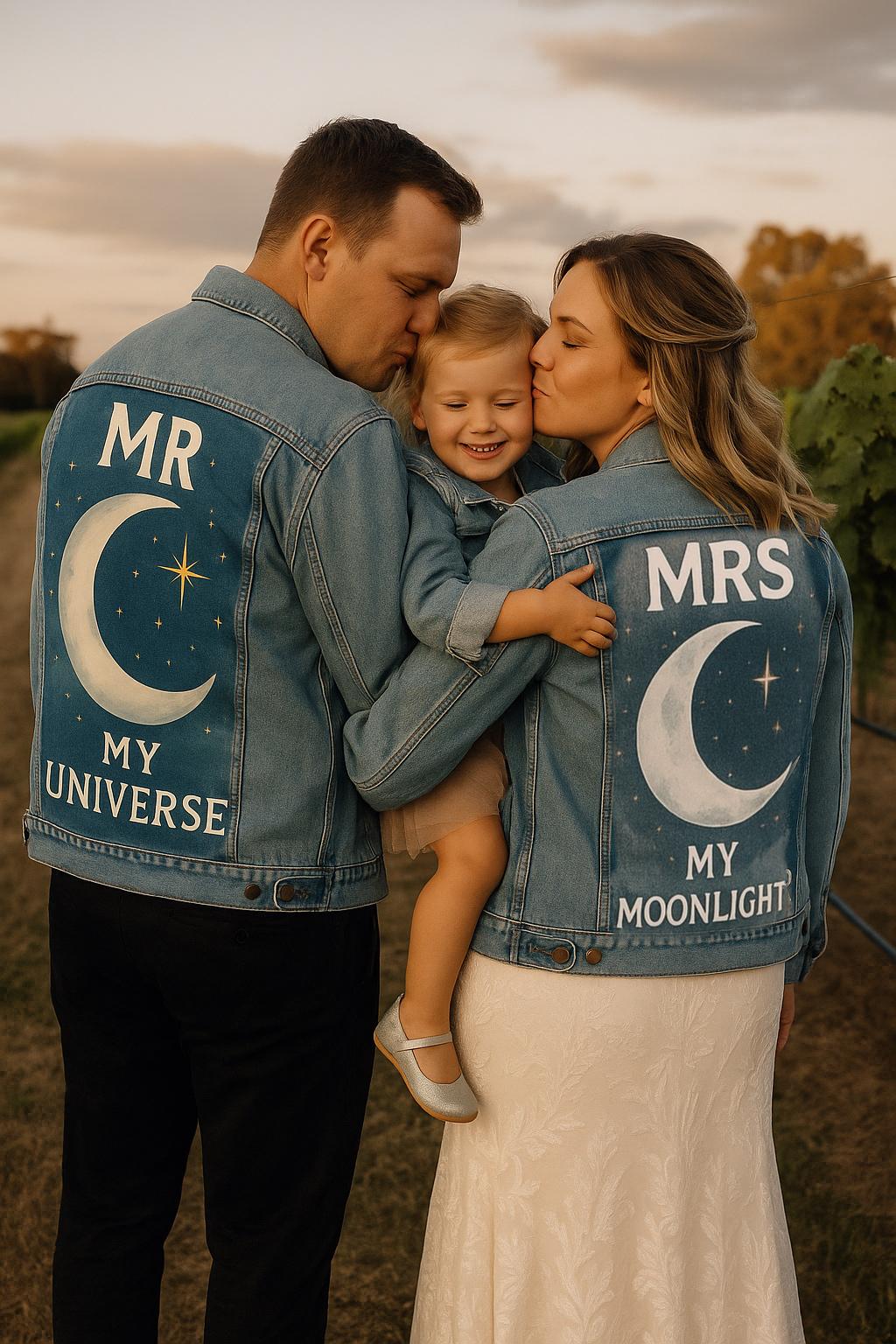 Matching Family Denim Jackets | Custom Hand Painted Mr Mrs Mini Set | Celestial Moon Star Wedding Couples Gift | Personalized Jean Jacket