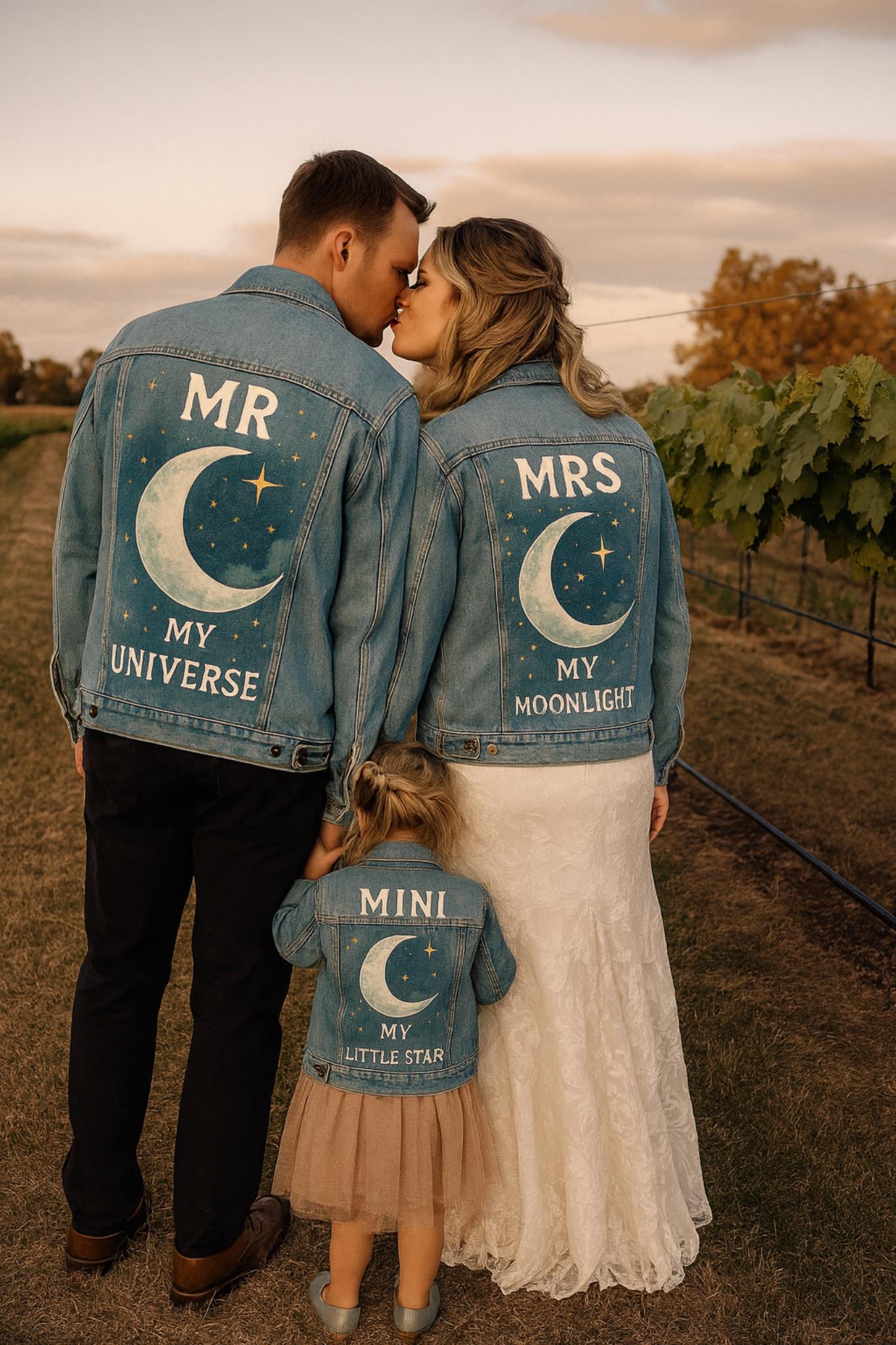 Matching Family Denim Jackets | Custom Hand Painted Mr Mrs Mini Set | Celestial Moon Star Wedding Couples Gift | Personalized Jean Jacket