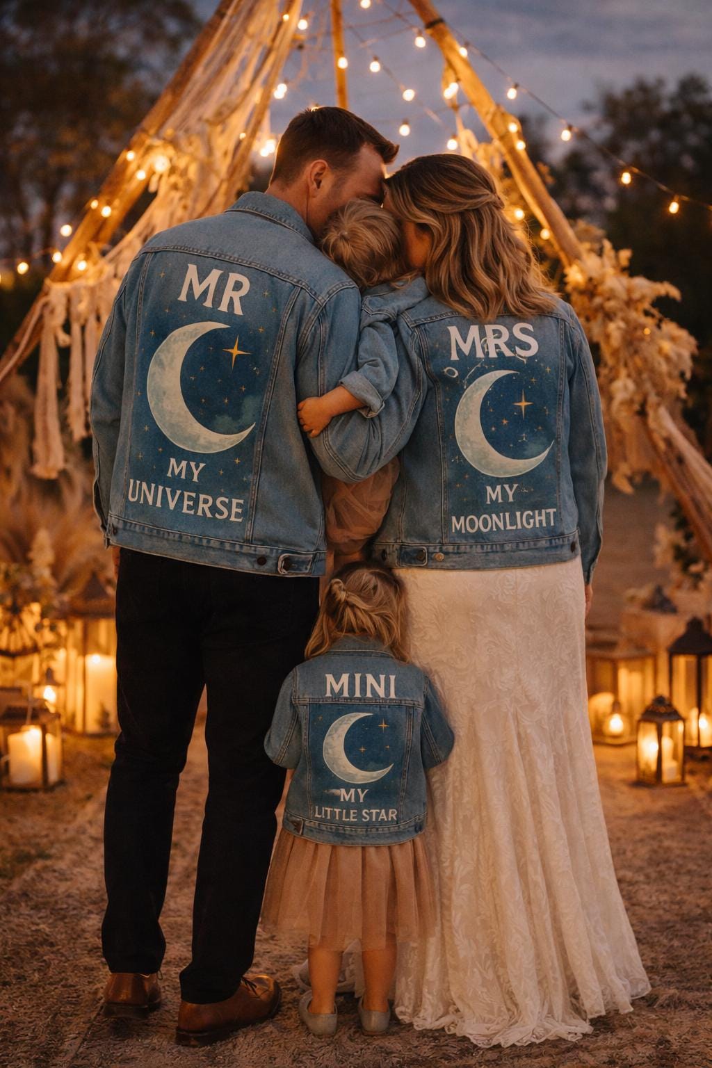 Matching Family Denim Jackets | Custom Hand Painted Mr Mrs Mini Set | Celestial Moon Star Wedding Couples Gift | Personalized Jean Jacket