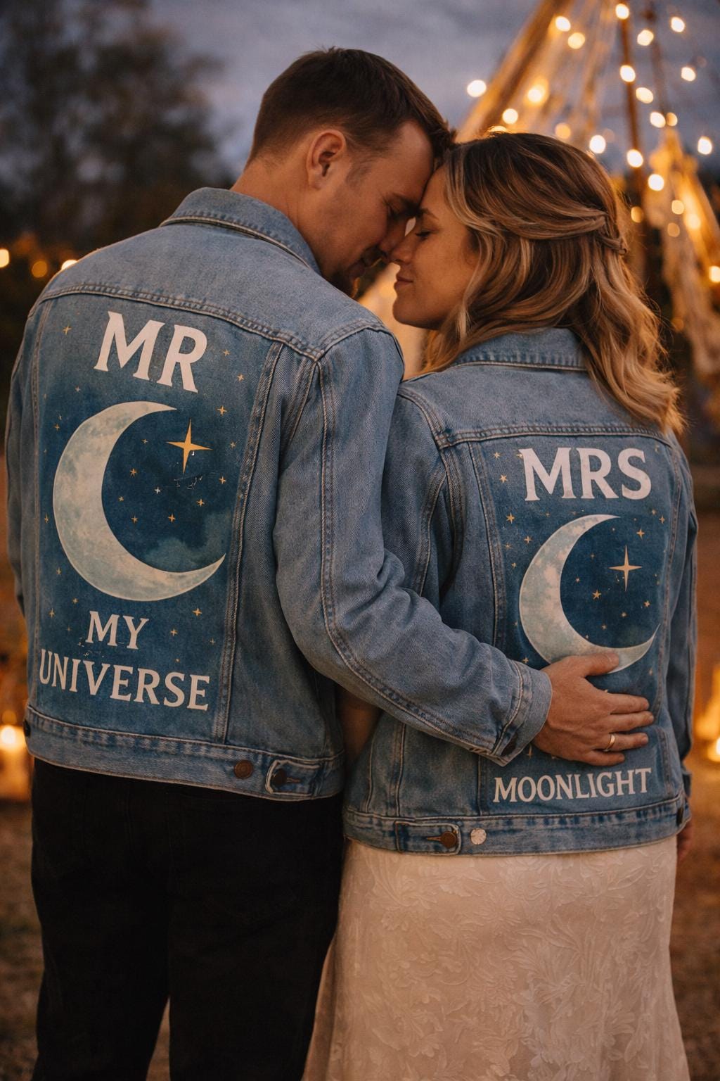 Matching Family Denim Jackets | Custom Hand Painted Mr Mrs Mini Set | Celestial Moon Star Wedding Couples Gift | Personalized Jean Jacket
