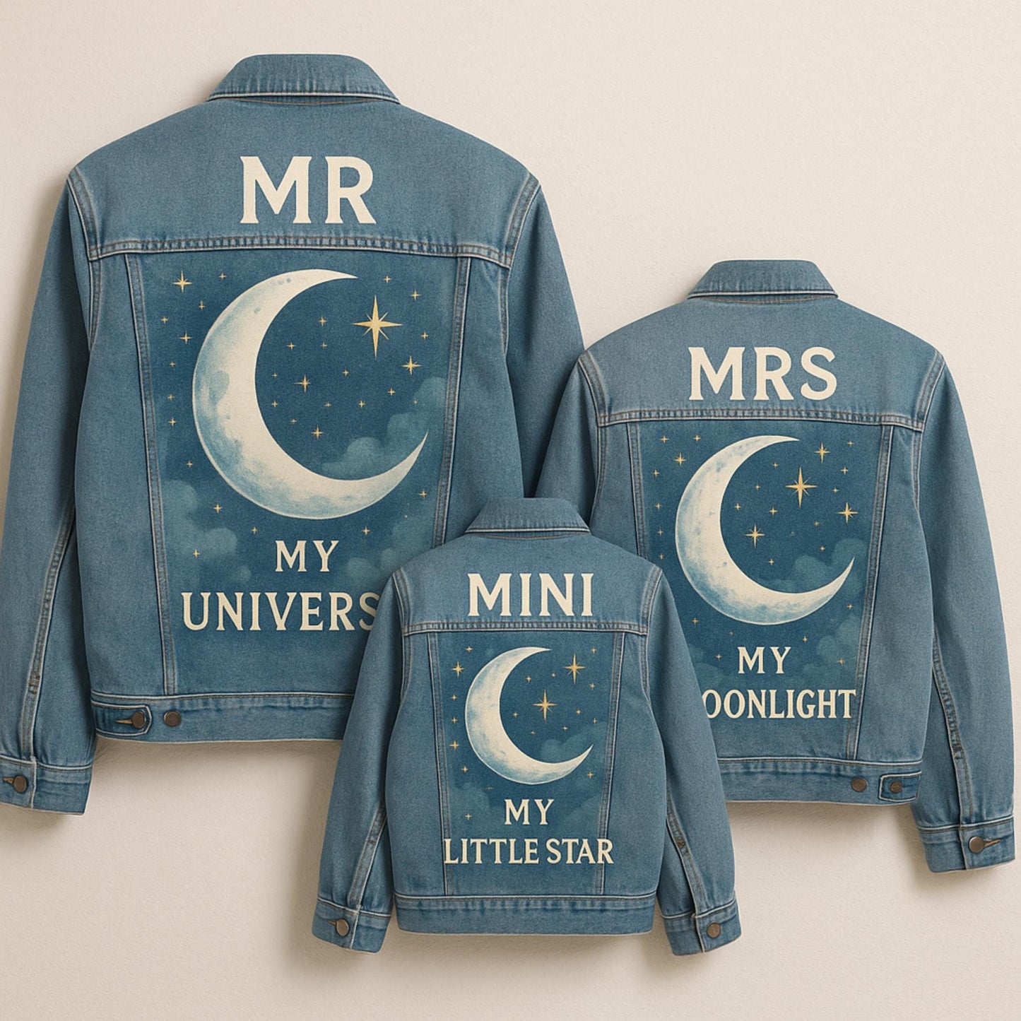 Matching Family Denim Jackets | Custom Hand Painted Mr Mrs Mini Set | Celestial Moon Star Wedding Couples Gift | Personalized Jean Jacket